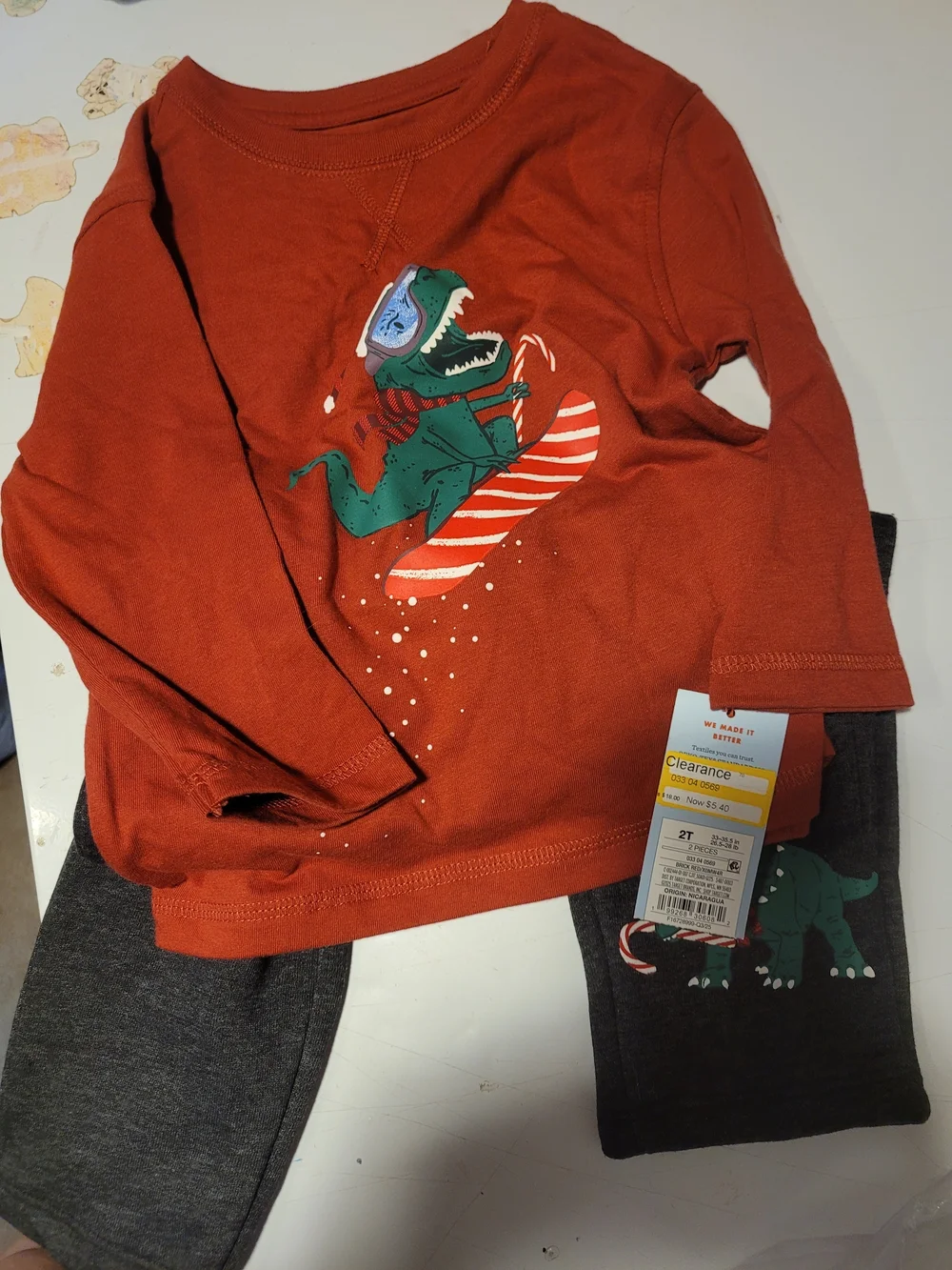 Cat & Jack Red Long Sleeve Top with Green Dinosaur Snowboard Graphic